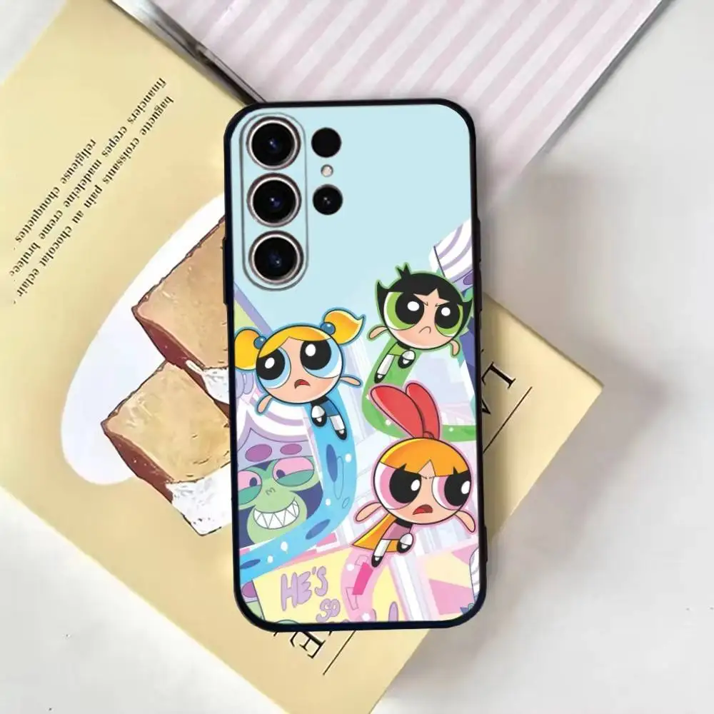 Capa de telefone para meninas Cartoon Star P-Powerpuff para SamsungS25,24,21,22,23,30, Ultra,20,Plus,Fe,Lite,Note,10,9, capa preta macia