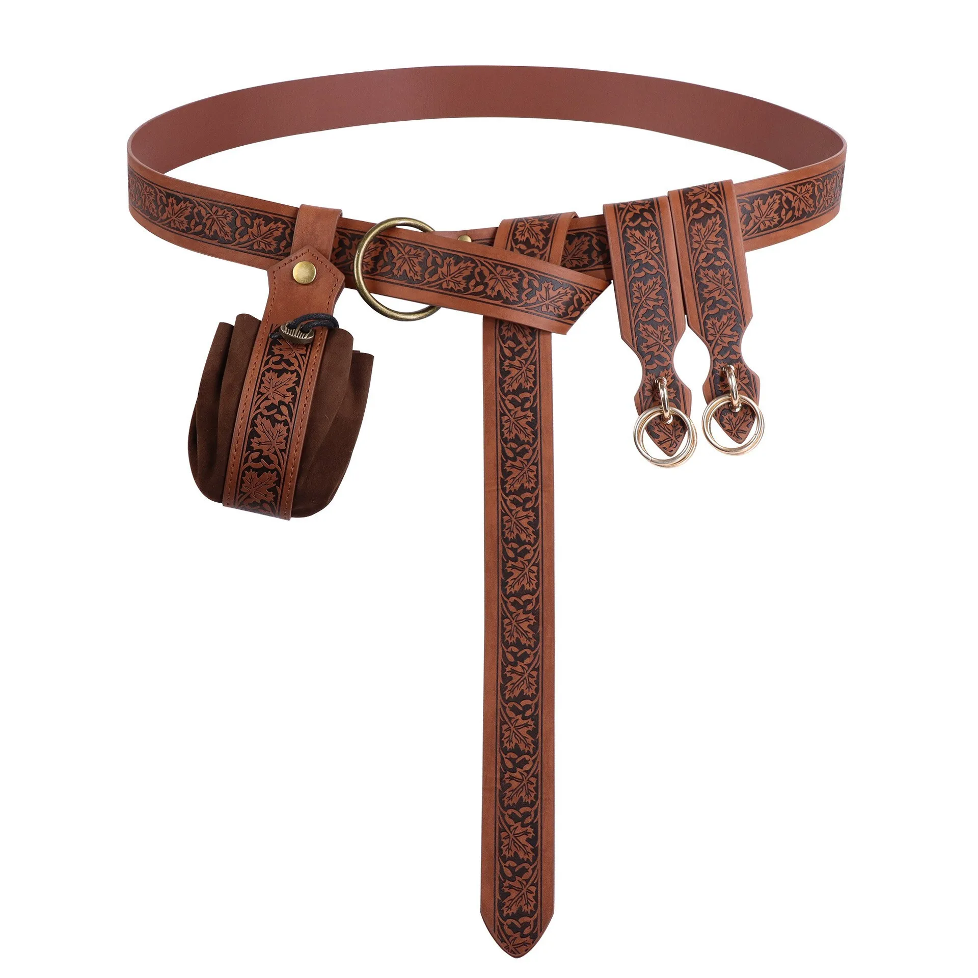 4pcs Embossed Leather Belt Set  Waist Belt with Drawstring Coin Pouch Hook Medieval Cosplay Props