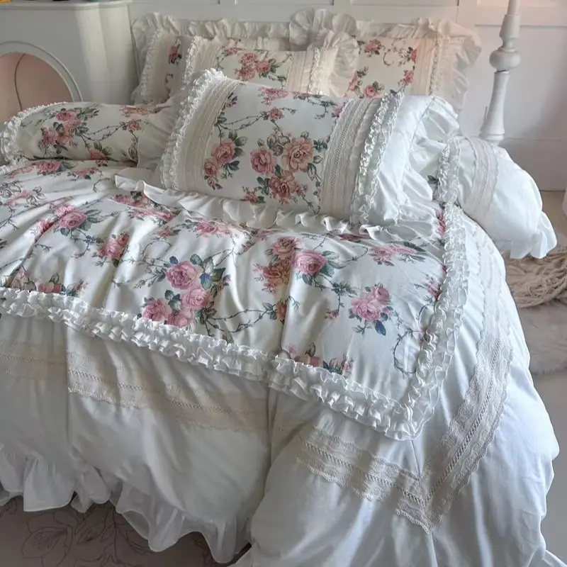100% Cotton Rose Floral Bedding Set French Vintage Lace Ruffles Duvet Cover Bed Skirt/Bed Sheet/Fitted Sheet Pillowcases 4Pcs