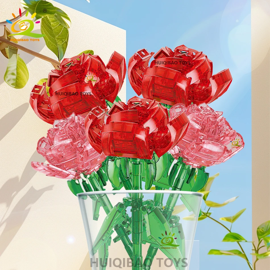 HUIQIBAO-ramo de flores rosas para el Día de San Valentín, juego de bloques de construcción, flores artificiales para decoración del hogar, Kits de ladrillos de rosas de cristal, Juguetes