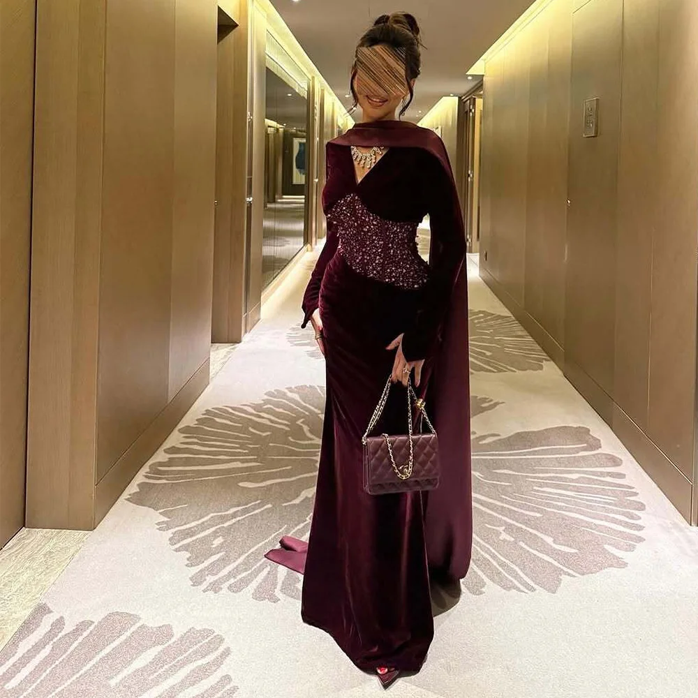 

Burgundy Velour Customized Evening Dress Modern V-Neck Mermaid Celebrity Gowns Delicate Sequined Long Sleeves Vestido De Festa