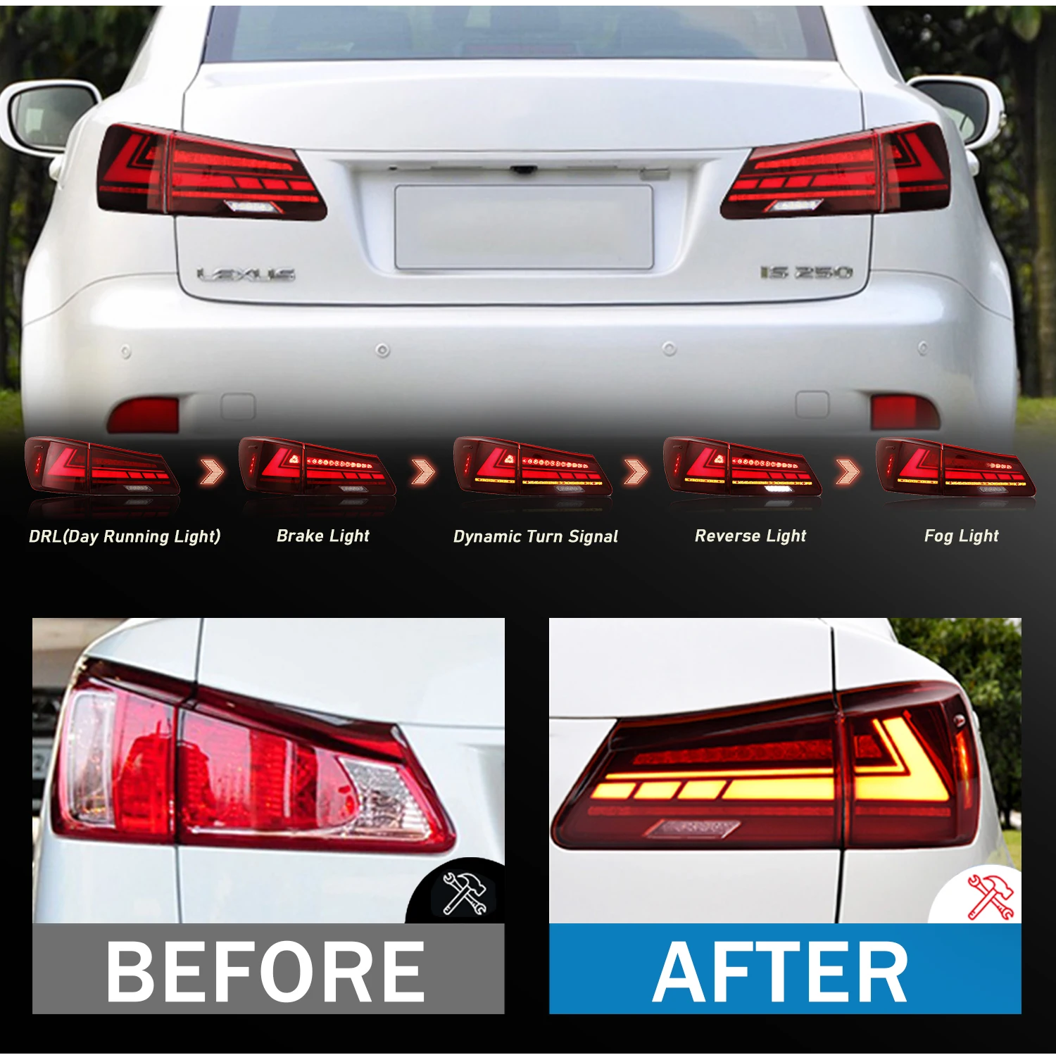 HCMOTIONZ Tail light Assembly for 2006-2013 Lexus IS250/IS350/ISF Sedan Tail Lamps with Start UP Animation Reverse Lights