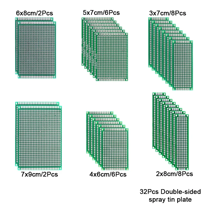 32 Pcs Double Sided PCB Board Prototype Kit 6 Sizes Universal Printed Circuit Protoboard For DIY Soldering Project