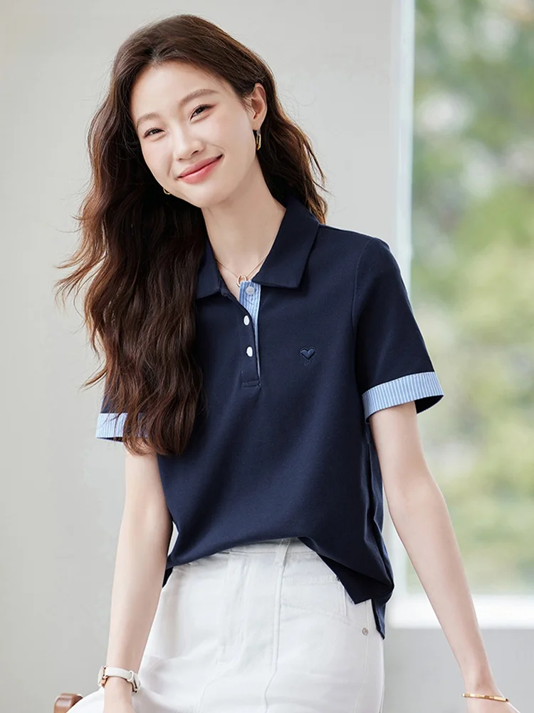 

La Chapelle футболка с вышивкой, женская летняя новая цветная футболка с отложным воротником и манжетами, топ, простой свободный крой, чистый цвет