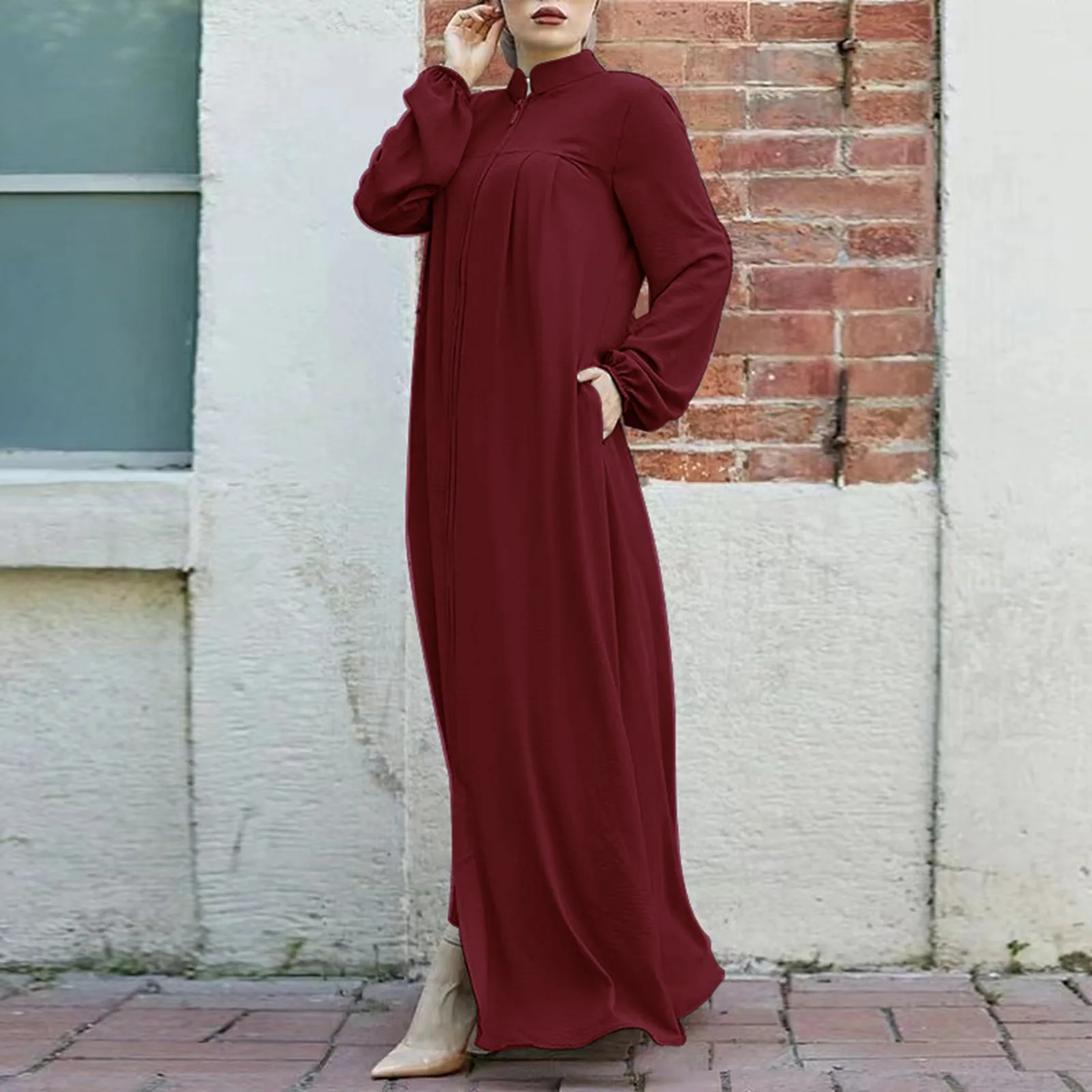 

Jalabiya Dress Women Long Sleeve Muslim Eid Casual Solid Color Abaya Caftan Kaftan Dresses Ramadan Abayas Vestido Zipper Robe