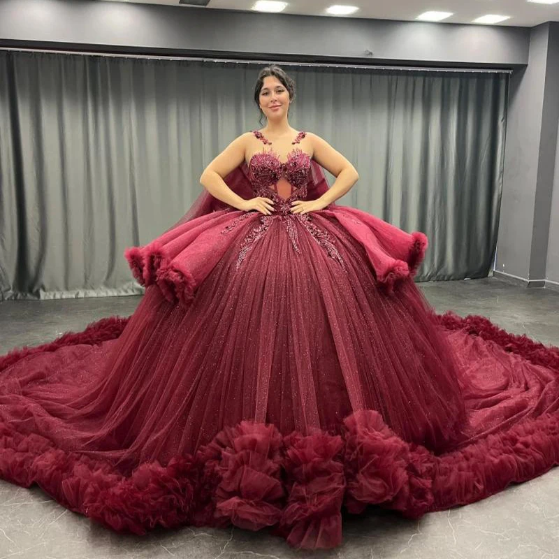 

Red Shiny Quinceanera Dresses Off Shoulder Vestidos De 15 Años Beading Lace Tiered Tull Formal Birthday Party Prom Dress Sweet