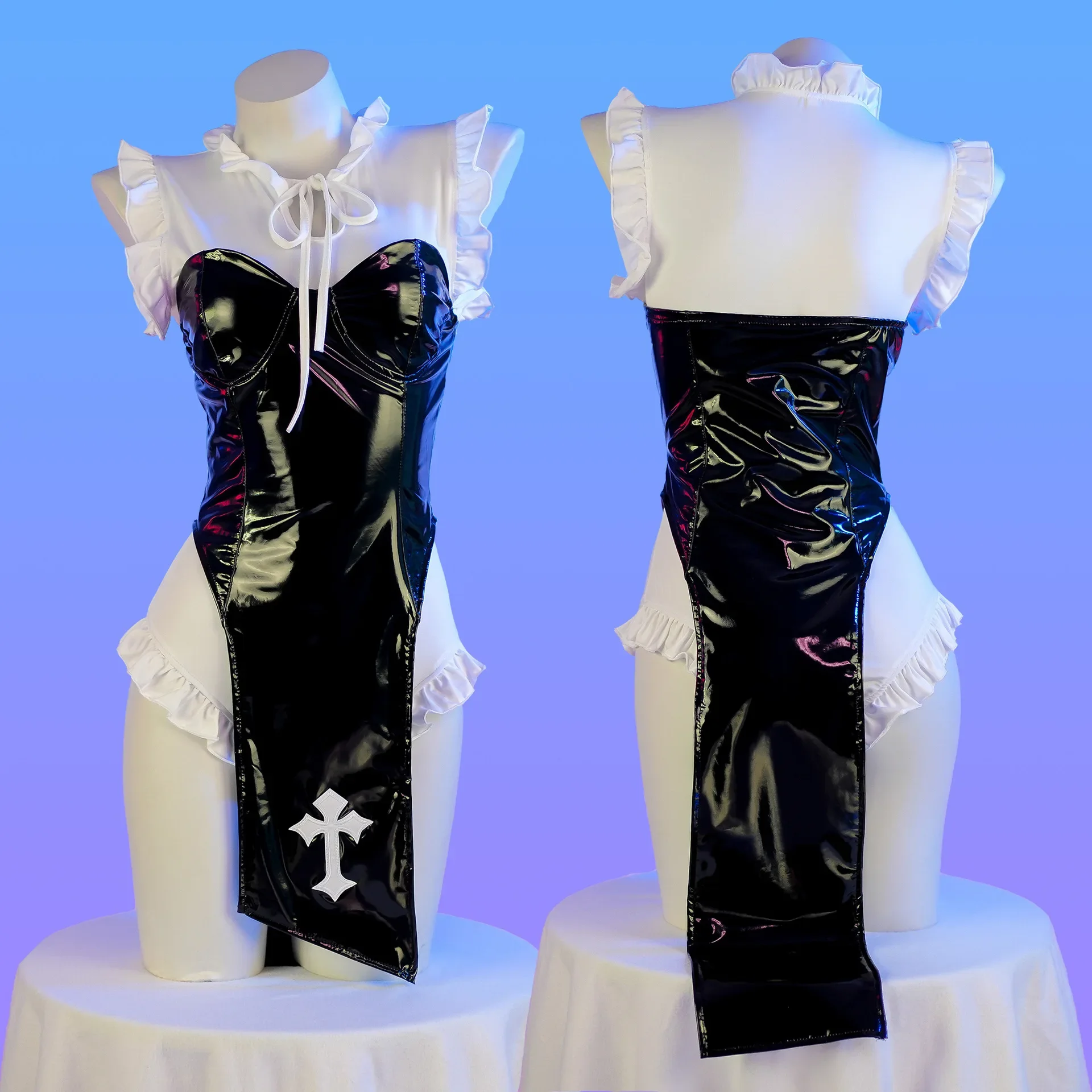 

DropShip Anime Vibrastar Sister Cosplay Sexy Nun PU Leather High Split Dress White Ruffle Bodysuit Jumpsuit Halloween Costume