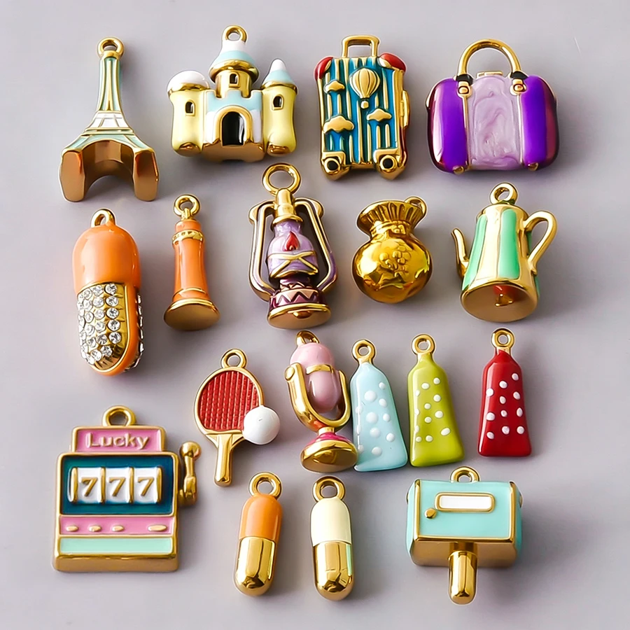 Enamel Travel Pendant Real Gold Plated 316 Stainless Steel Eiffel Tower Suitcase Pill Charm For Jewelry Making Bulk DIY Finding