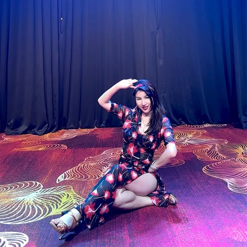 Customized Bellydance Costume Practice Robe 5Pcs Printed Dress Mid-Sleeve Dress Robe Headscarf Tube Top Waist Scarf Safety Pants