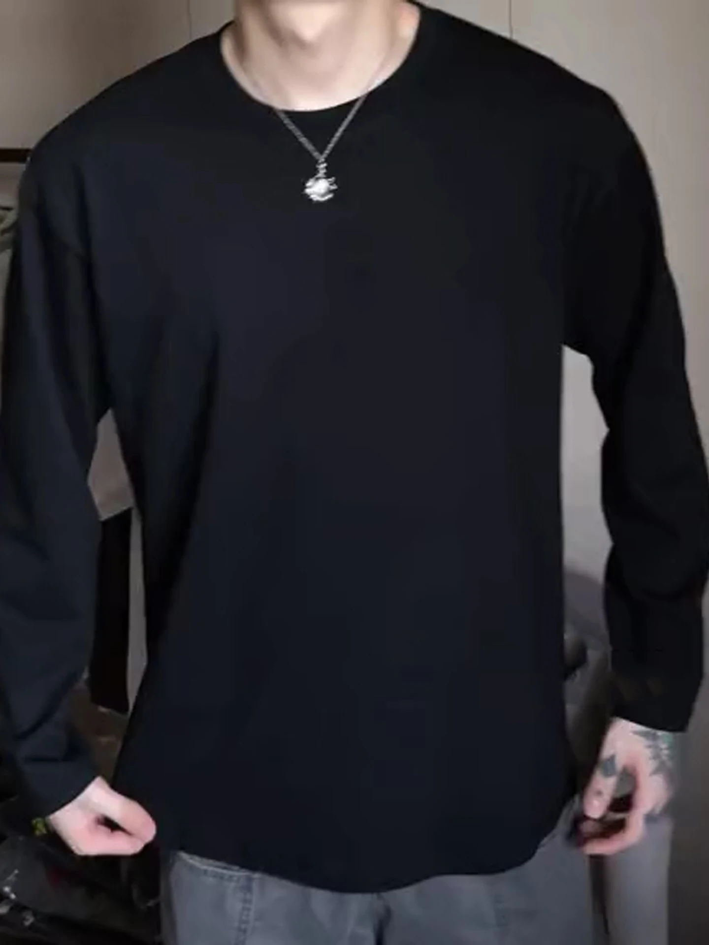 

Pure Cotton Long Sve Bla T-irt Men's Fitn Training round Ne Base irt Small Collar oulder Sweatirt