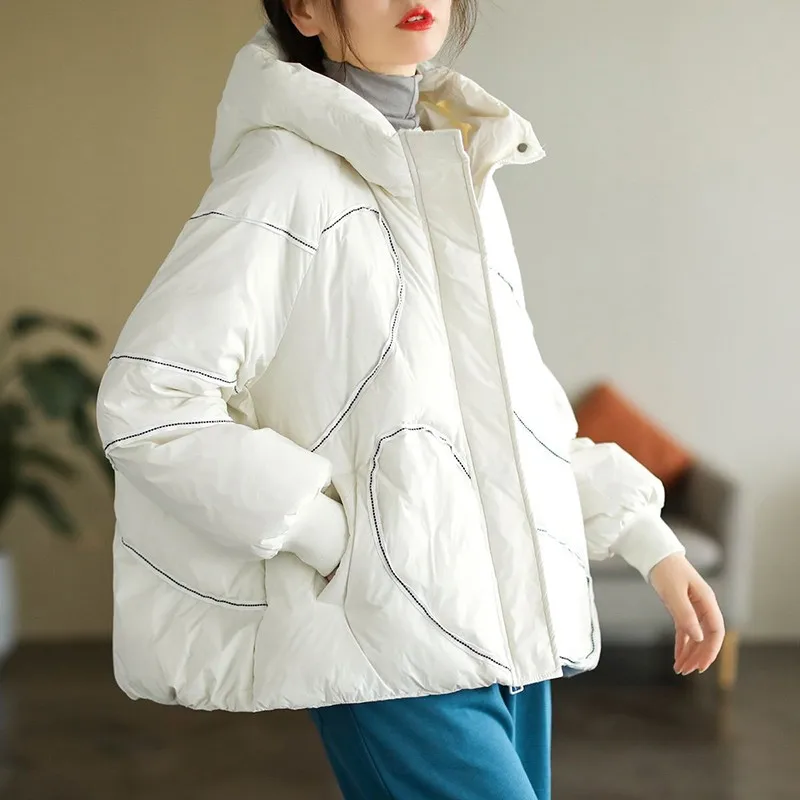 2023 Autumn Winter New Korea Fashion Women Long Sleeve  White Duck Down Short Coats Thicken Warm Hooded Casual Down Coat C996