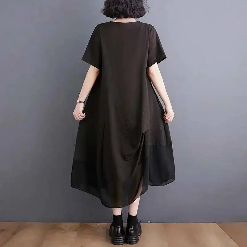 #3336 Black Green Grey Striped T Shirt Dress Women Pockets Loose Folds Spliced Mesh Asymmetrical Midi Dress Short Sleeve Summer