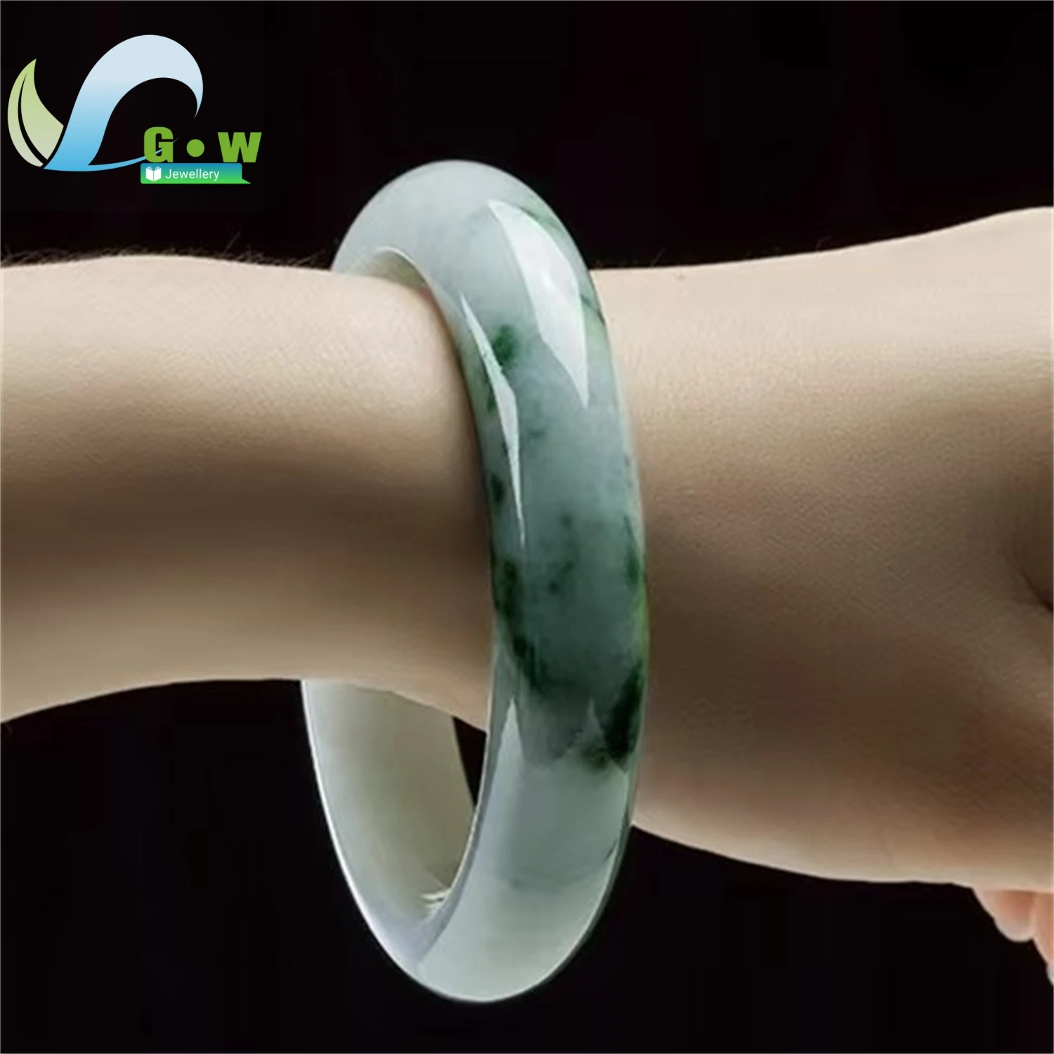 Natural A Grade Icy Glutinous Blue Floral Jadeite Bangle Medium Width Women's Daily Classic Minimalist Style Jewelry Gift