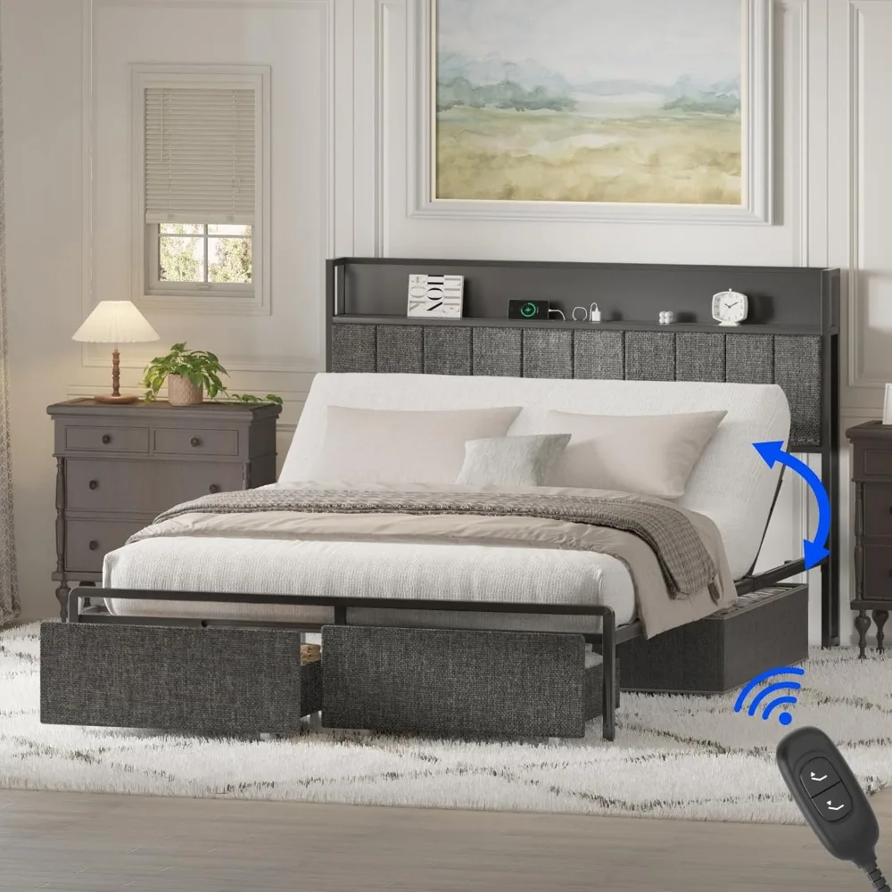 

Queen Adjustable Bed with Storage Headboard, Charging Station, Head Incline, LED Lighting, Storage Drawers, Quiet Powerful DC M