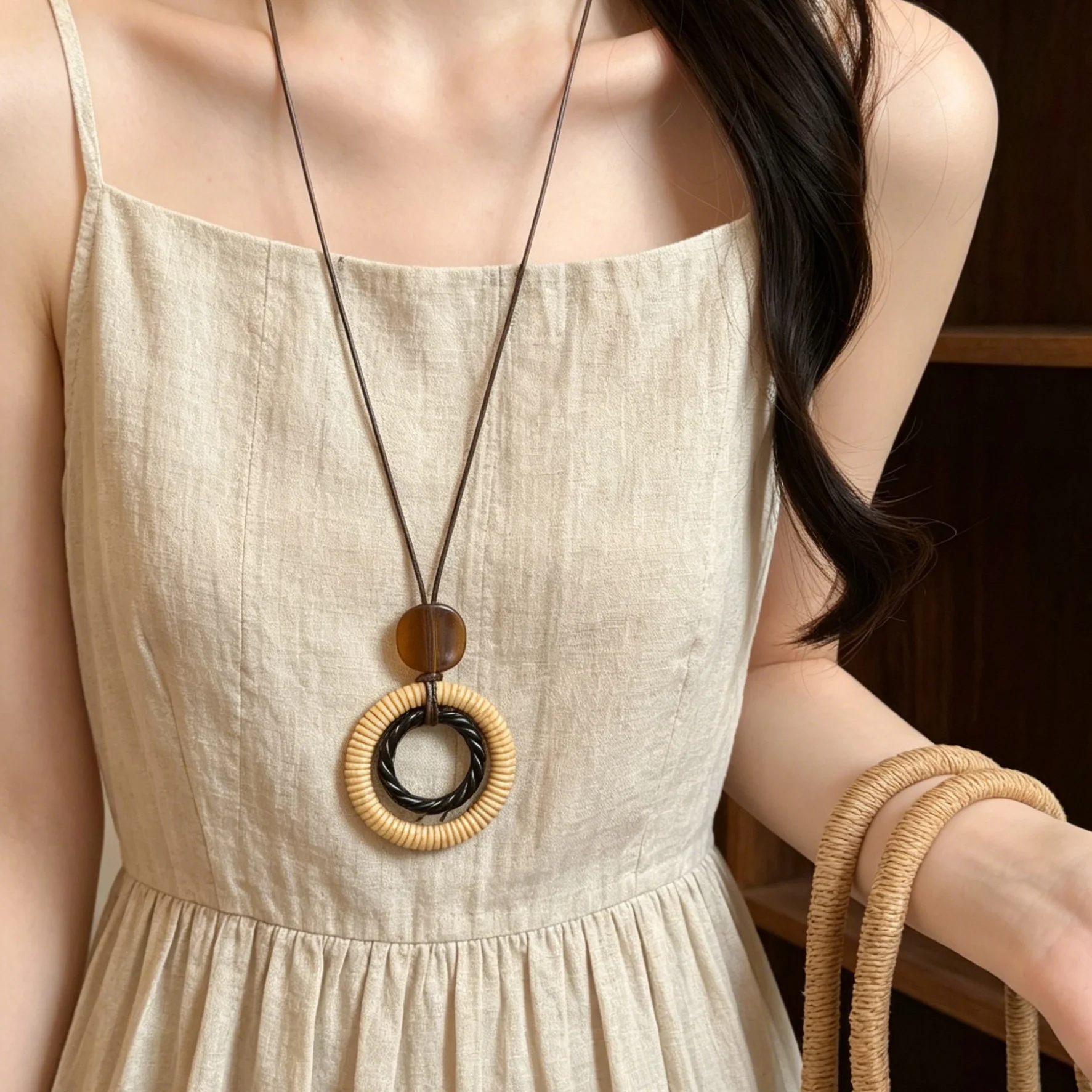 Trendy Vintage Brown Sea Star Wooden Geometric Pendant Necklaces For Women Long Adjustable Rope Sweater Chain Boho Neck Jewelry - view 5