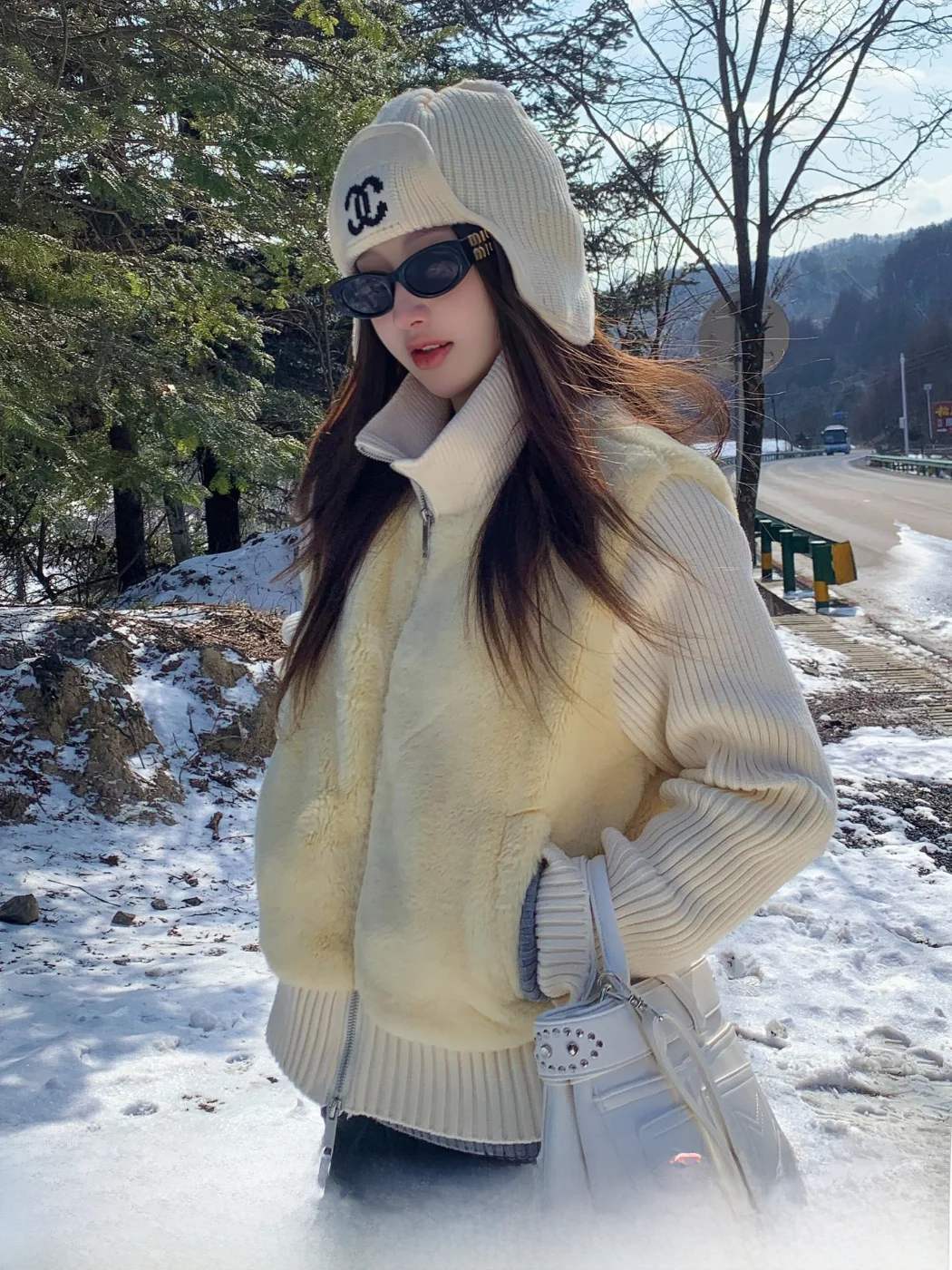 

MOXI ibuya Sle Вязаная шуба из искусственного меха Cute Sle Long Sve на молнии Подставка подходит для пальто из полиэфирного волокна