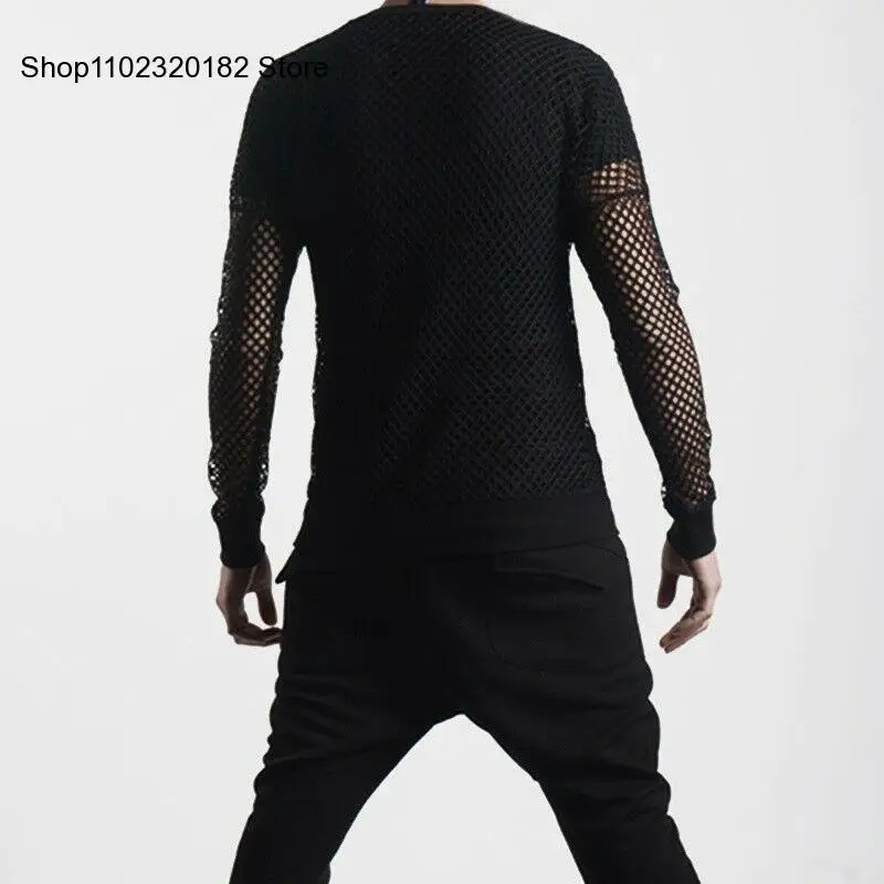 Mens Fashion T-Shirt Hollow Long Sleeve Fishnet Mesh Gothic Punk Rocker Stretchy Top Personalized Tee Shirt