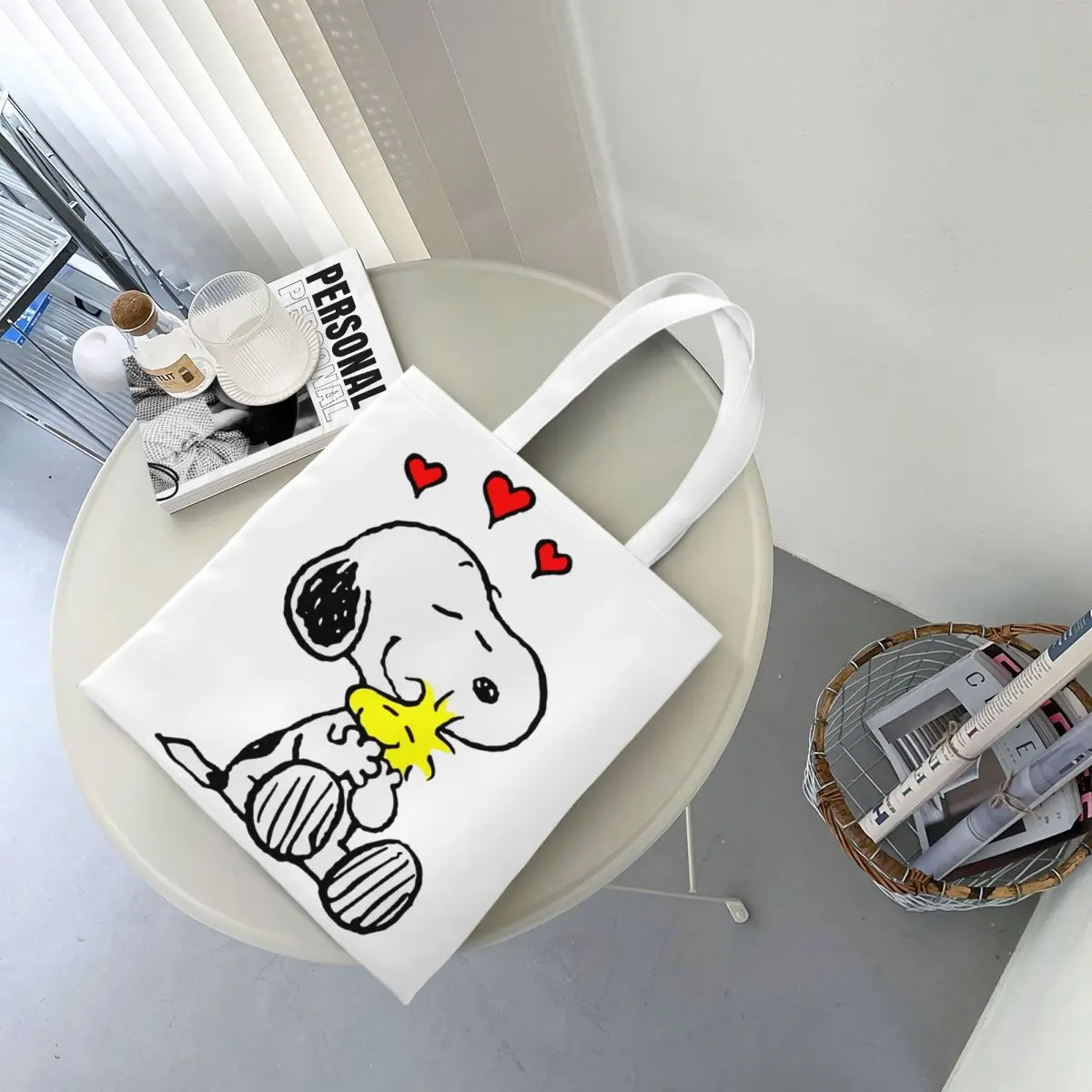 Bolso de compras reutilizable personalizado para mujer, bolsa de lona de hombro, lavable, de Manga, Snoopy Woodstock