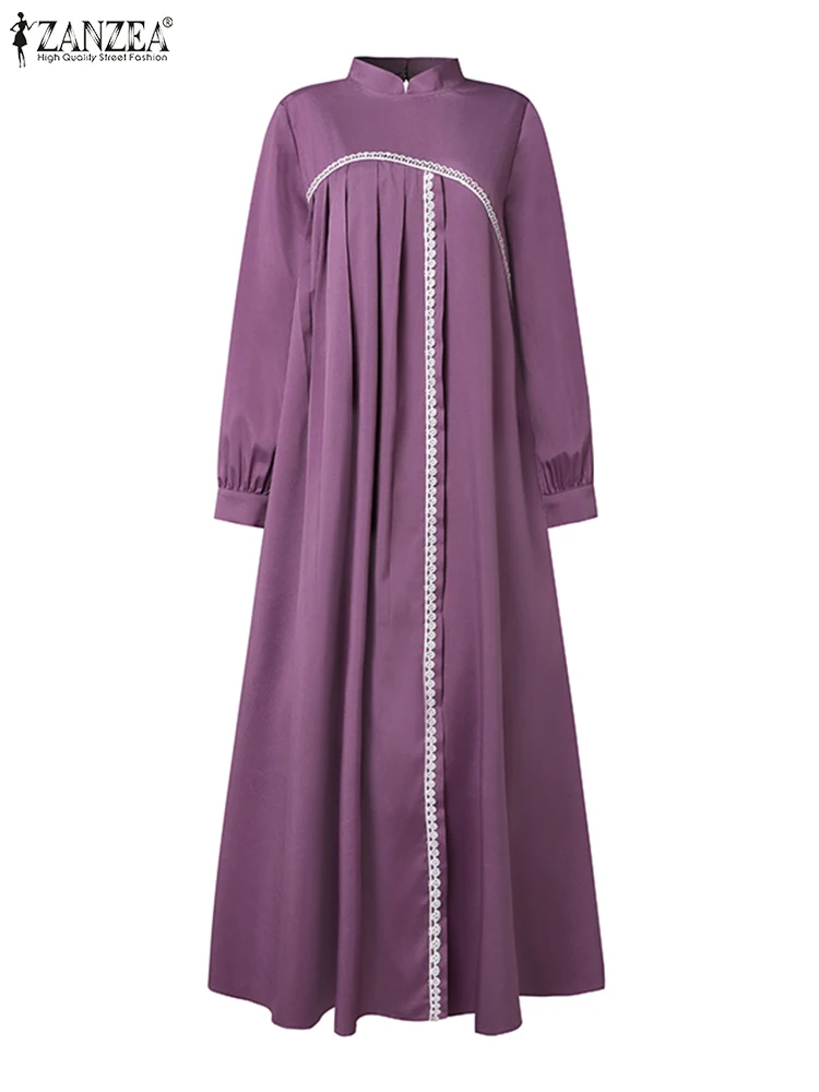 ZANZEA-maxivestido plisado de manga larga para mujer, Vestido musulmán de retazos de encaje Vintage, informal, Abaya de Dubái, moda de otoño