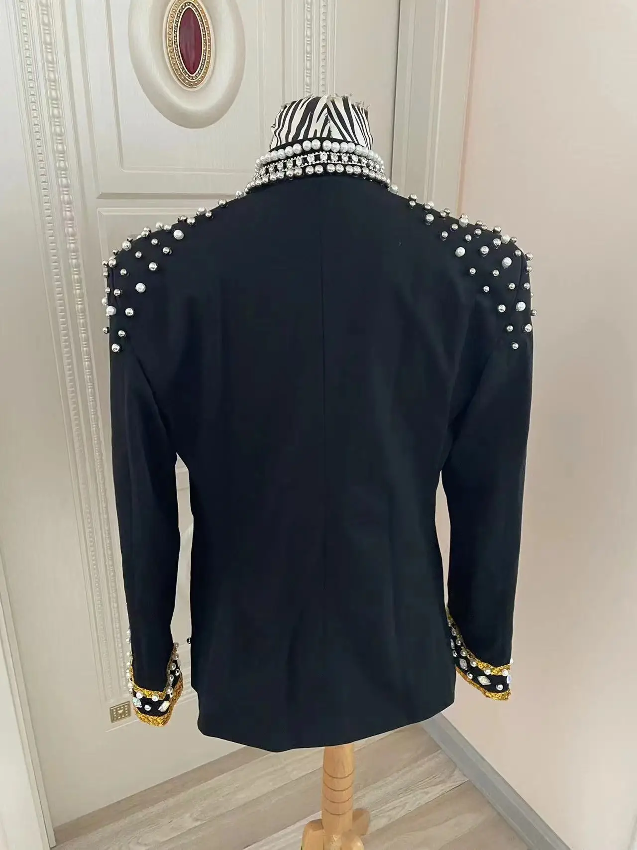 Handmade Men's Pearls Rhinestone Crystal Jacket Nightclub Male Singer Dancer Stage Wear Party Show Performance Coat