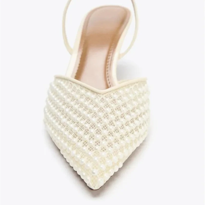 أنيقة سلسلة حبة مزين العلامة التجارية مضخات المرأة مثير أشار تو Slingback رقيقة كعب مصمم حذاء أزياء الزفاف حذاء الزفاف #3