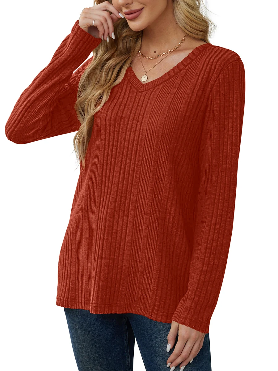 Damen V-Ausschnitt Langarm T-Shirts Gerippte Strick-Tunika-Oberteile Lässige Lose Einfarbige Pullover-Bluse Herbst Winter Basic Tee Damen 2026 – Detail 2