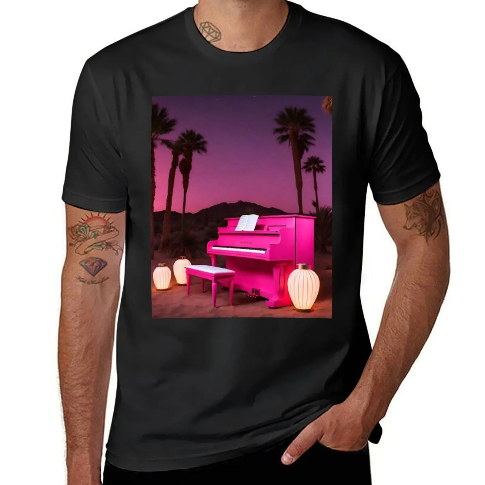 

Piano in the Egyptian desert with Pyramids, jungles, lanterns, ancient Rome T-Shirt anime clothes mens funny t shirts