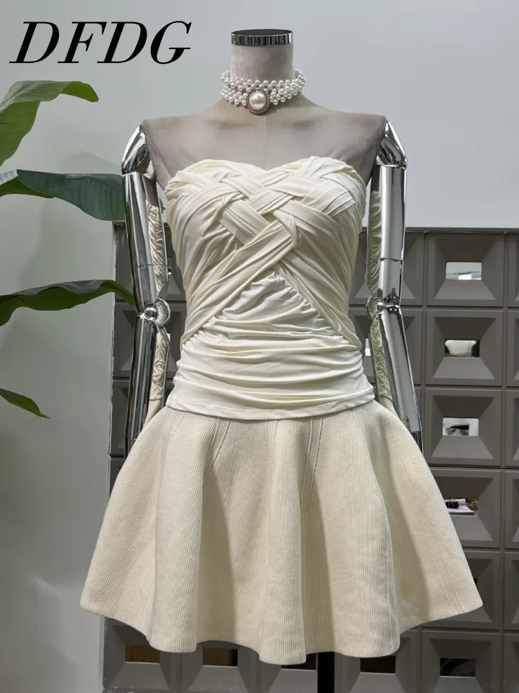 

DFDG Women’s 2025 Spring Summer Hand-Knitted Cross Elastic Bust Crop Top Crochet Umbrella Skirt Set Beach Resort Minimalist Set