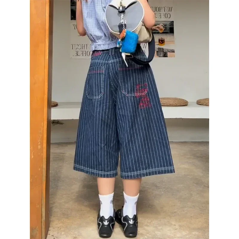 

Vintage Light Blue Stripe Cargo Jeans Women Summer Harajuku Y2k Baggy Denim Trousers Japanese 2000s Oversize Jean Pants