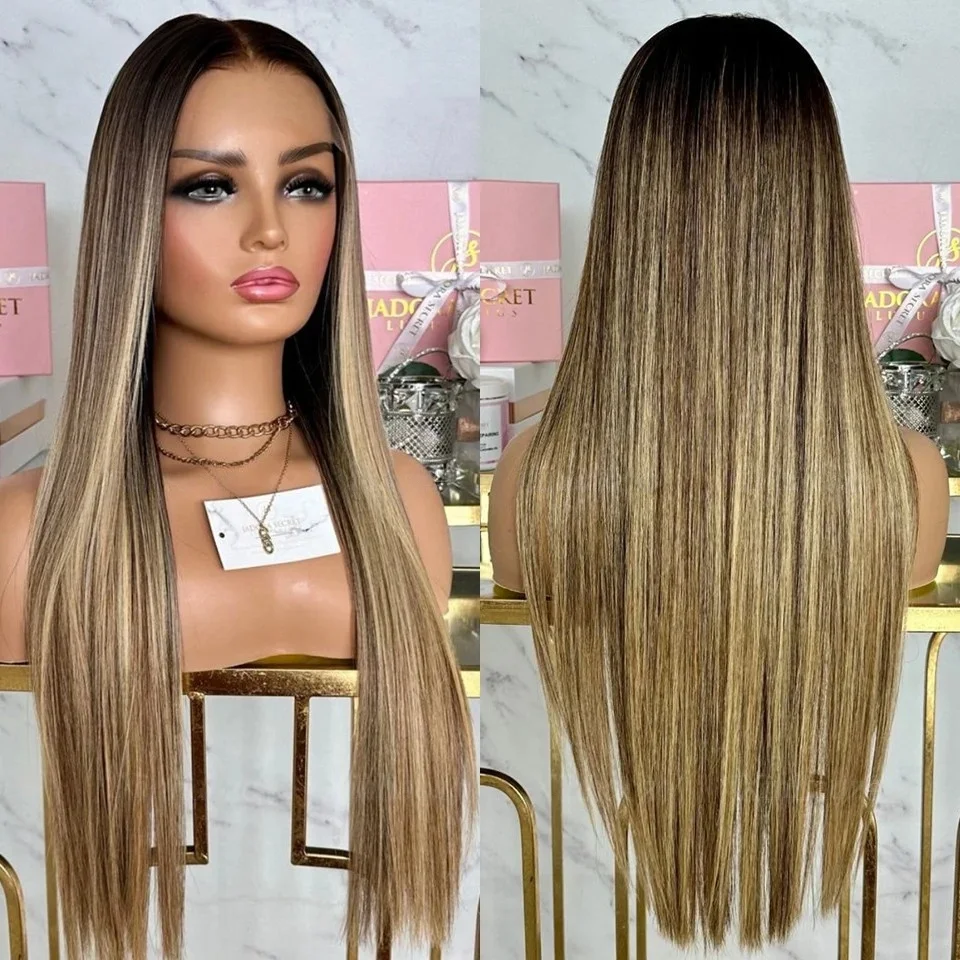 

Long 26inch Ombre Blonde Straight 5x5 Silk Base Jewish Human Hair Wig With Baby Hair HD Lace European Hair Preplucked Daily