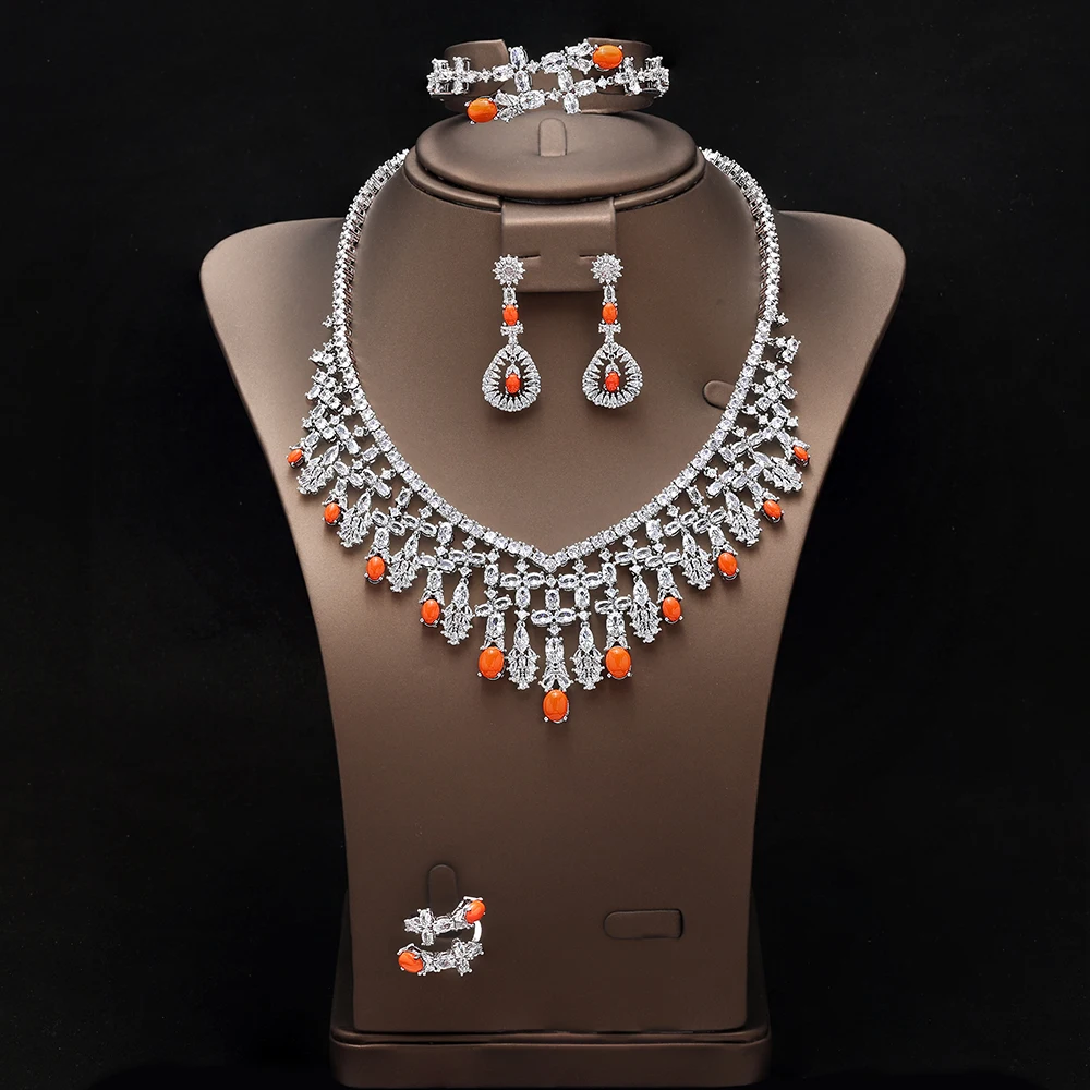 HIBRIDE New Fashion Bright Orange Color Necklace Earrings Bracelet Women's Dress Decorative Jewelry Wedding Ball Gift S-1025