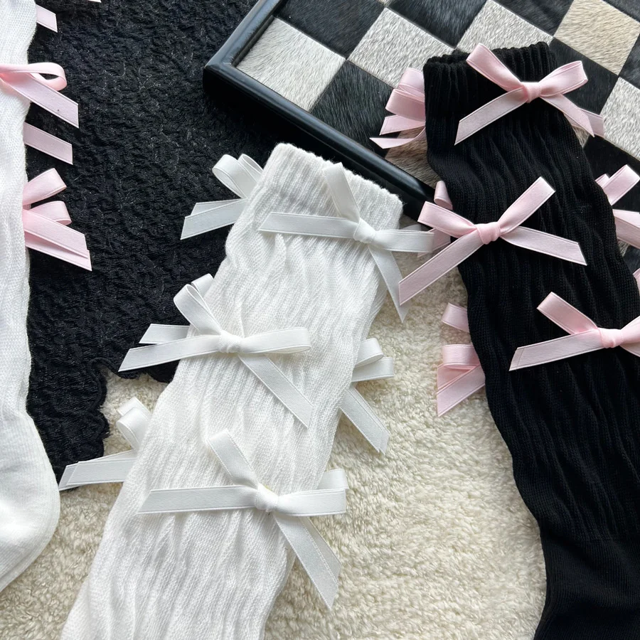 Y Demo Cute Pink Bow Ballet Style Knot Elastic Women's Socks Casual Middle-tube Socks