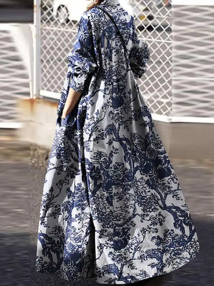 ZANZEA Stylish Autumn Printed Maxi Dress Women Bohemain Shirt Dress Casual Long Sleeve Button Vestidos Female Robe Oversize 2024