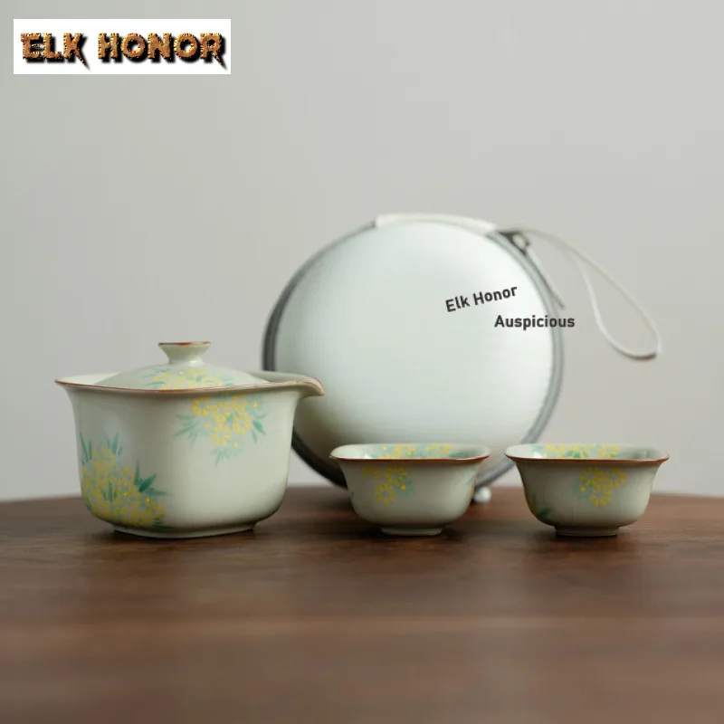 

Hand-painted Small Daisy Ru Kiln Travel Tea Set Kit Zen 1 Pot 2 Cups Tea Maker Organizer Portable Outdoor Tote Bag Decoration