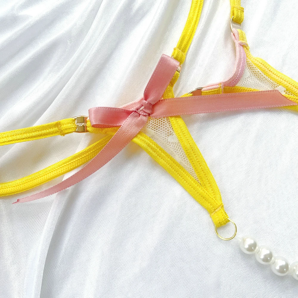 ملابس داخلية مثيرة أصفر صغير Gstring الدانتيل Tback مزدوجة مثلث القوس Peals سيدة سراويل للنساء مايكرو ثونغ تدليك كليكر ثونغ