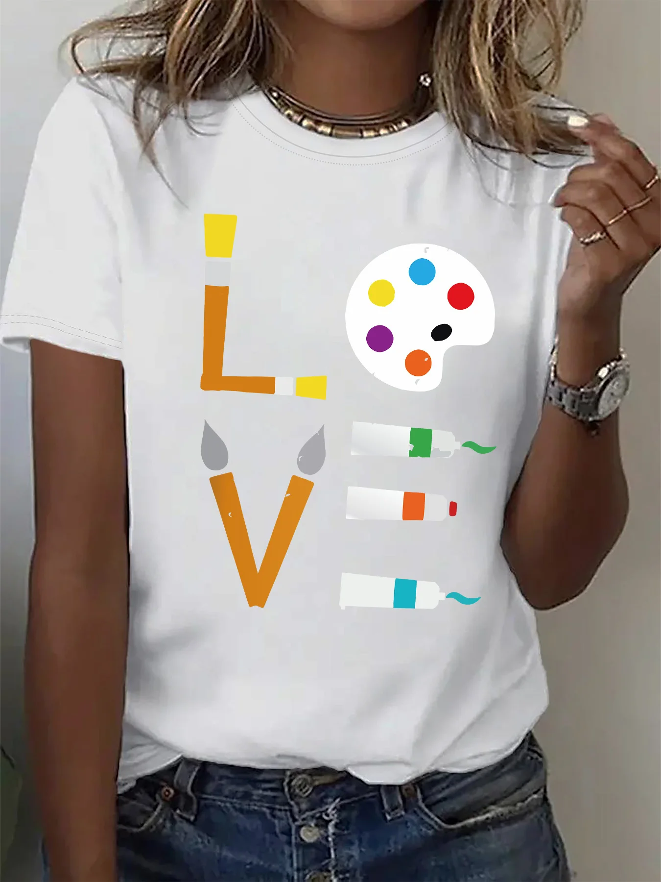 Round-neck Short-sleeve T-shirt with Art-themed Painted Element Print A Casual Top Daily Wear and Commuting Aesthetic Clothes
