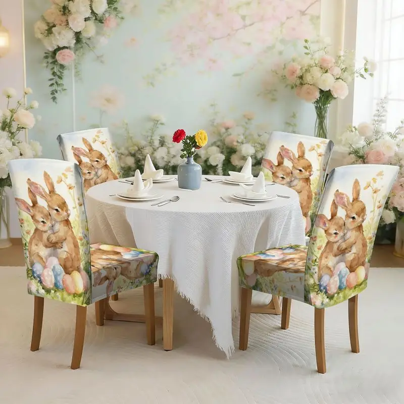 Flat print elastic dining chair set watercolor style, two brown rabbits hug each other, grass flower with Easter egg pattern