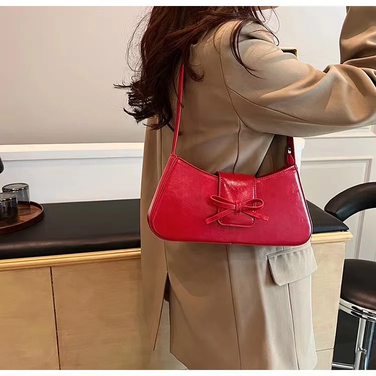 Bolso pequeño con lazo para mujer, bolsa de hombro femenina de cuero Pu, moda coreana Y2K, 2024