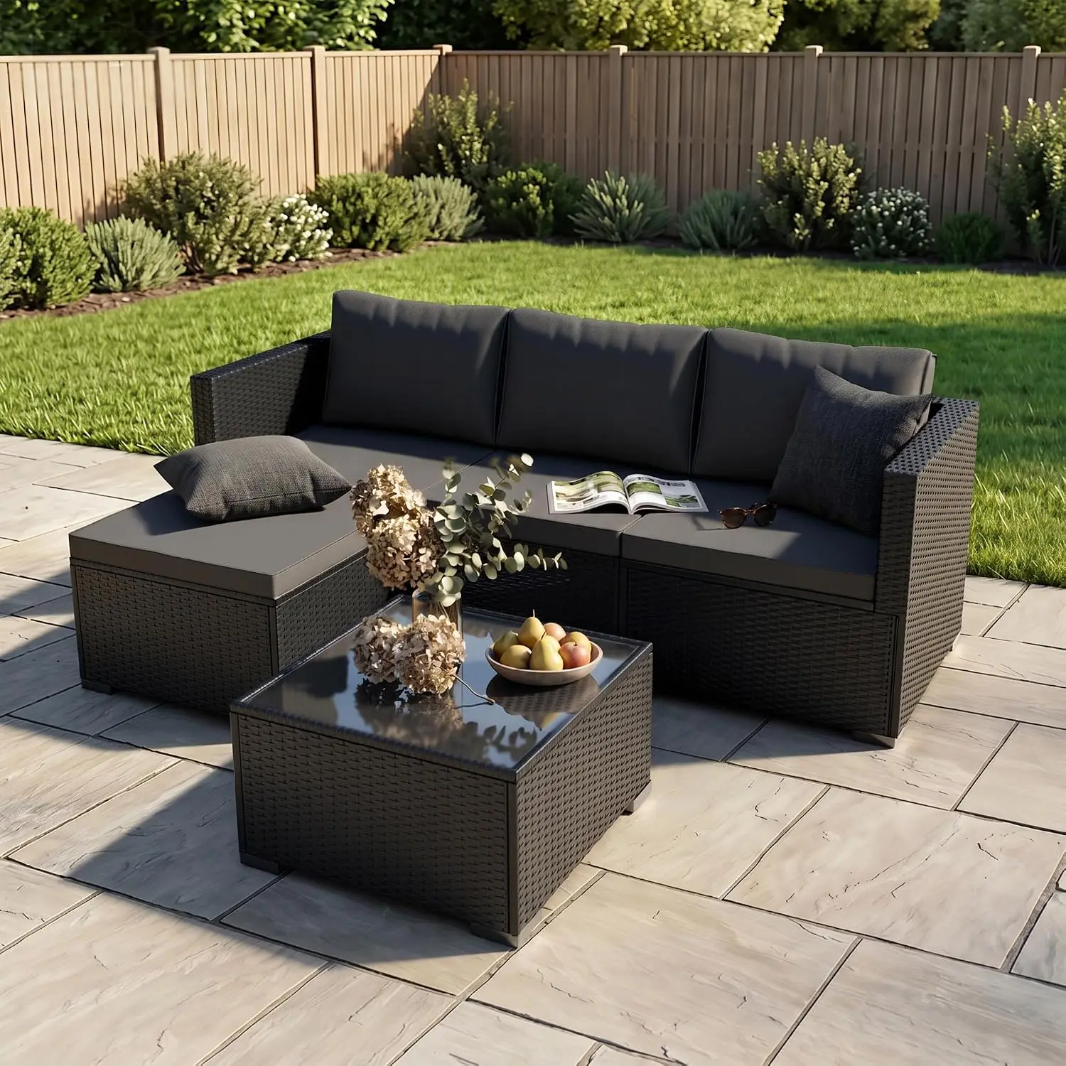 All-Weather 5-Piece Outdoor Sectional Sofa, Modular Wicker Rattan Furniture for Garden Poolside Backyard Porch, Gray, Customized