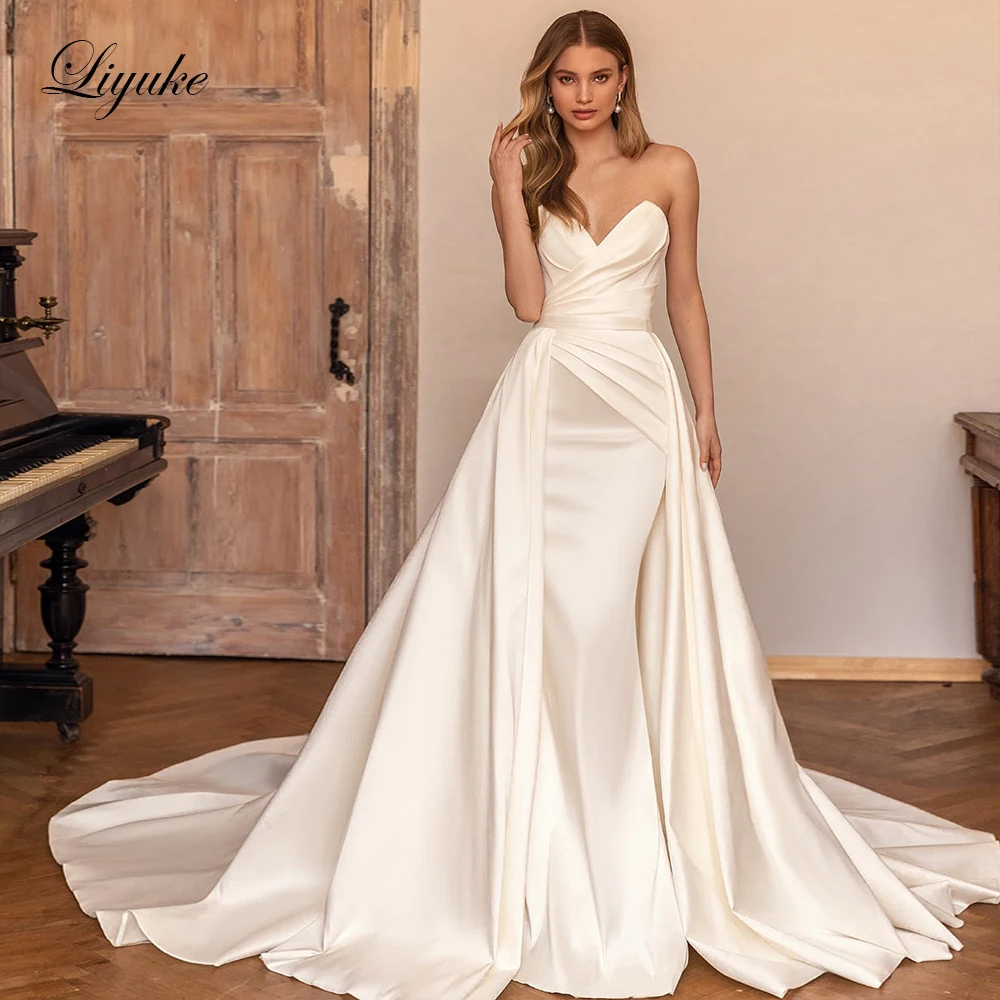 

Liyuke Elegant Satin 2 In 1 Mermaid Wedding Dresses Ruched Pleats Strapless Off The Shoulder Trumpet Bridal Gown