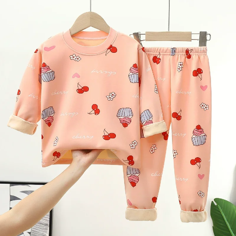 Kids Fleece Line Pajama Sets Autumn Winter Velvets Warm Clothing Suits Boys Girls Print Pullover+Pants 2Pcs Outfits 1-14 Years