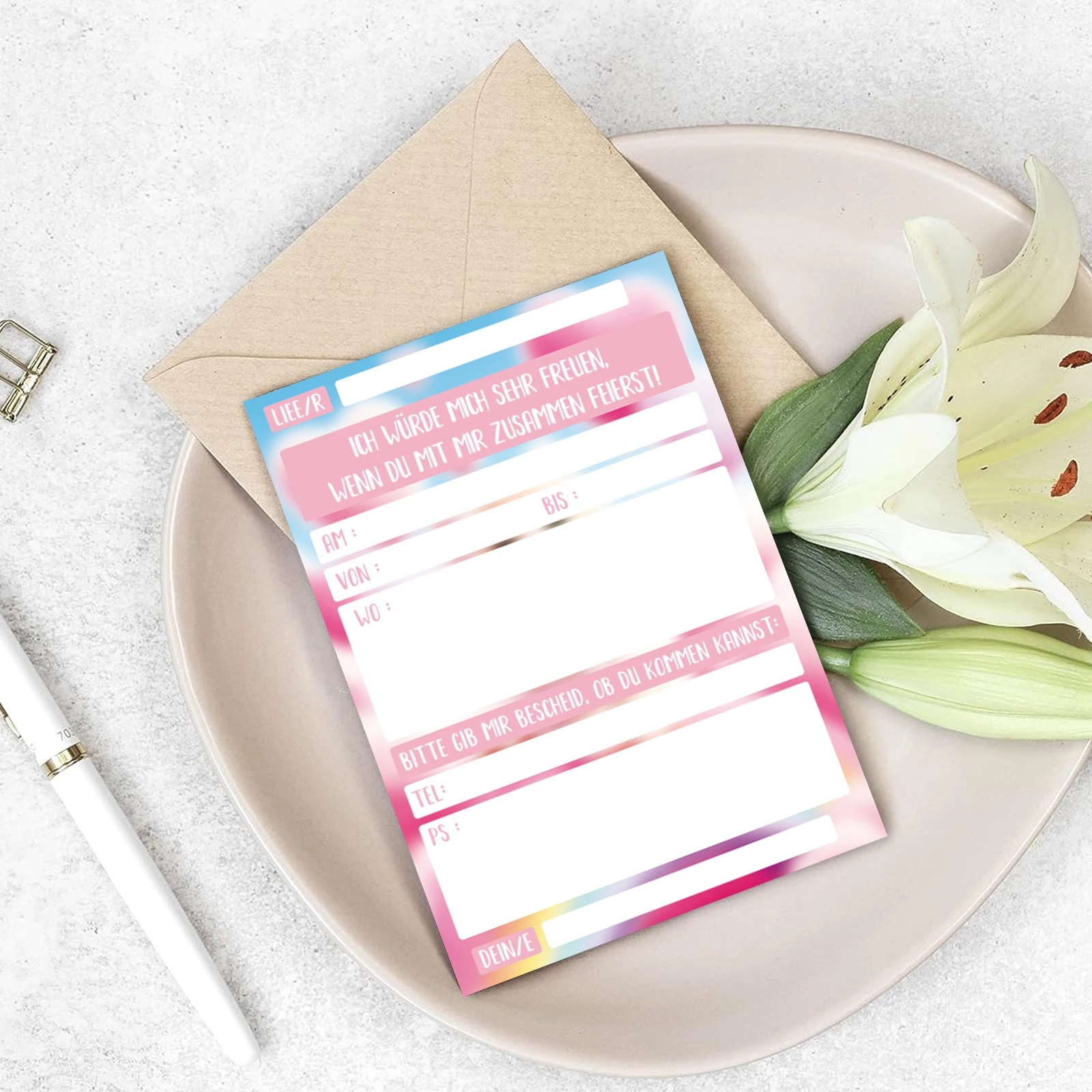 12 قطعة من بطاقة دعوة لطيفة على شكل قطة قوس قزح - بالونة ملونة على شكل قلب وتصميم قوس قزح - مناسبة لحفلات أعياد الميلاد #5