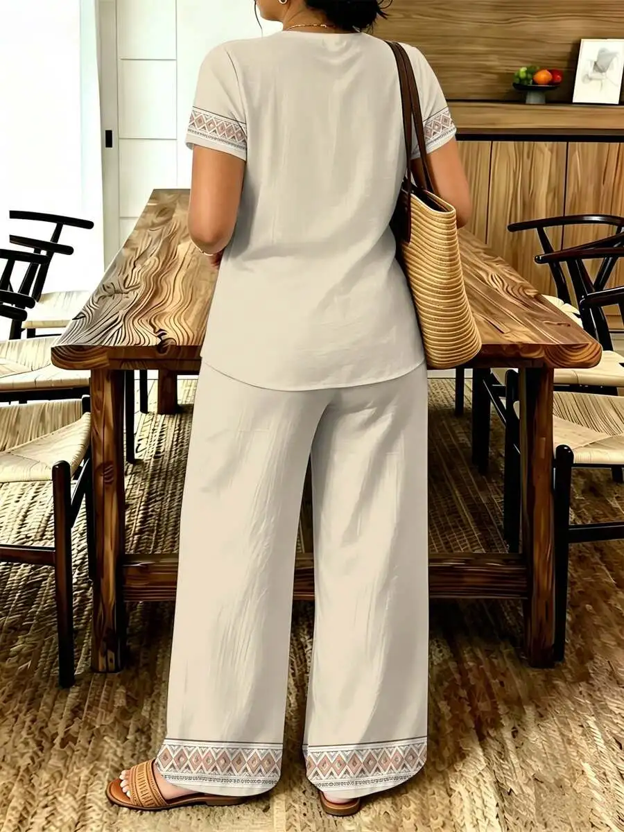 

Two-Piece Set With Geometric Pattern, Short Sleeve V-Neck Top And Wide-Leg Pants, Loose Fit For Summer Casual Wear
