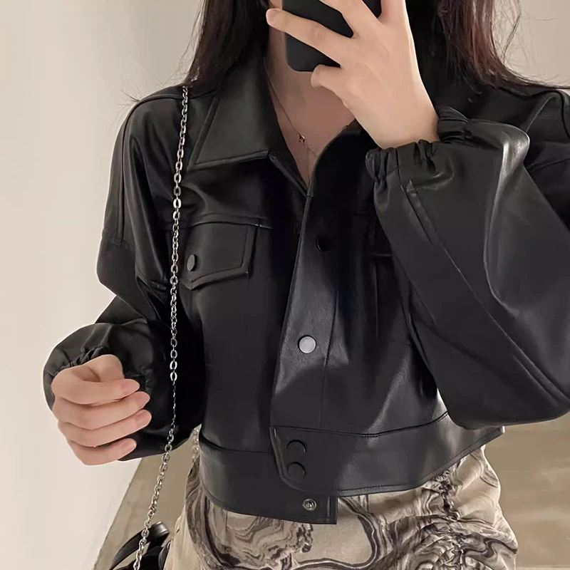 Sli Autunno PU Pelle Jaet da donna Vestibilità ampia Colletto con bottone singolo Doppio ket ort Cappotto Faionable Commute Wear