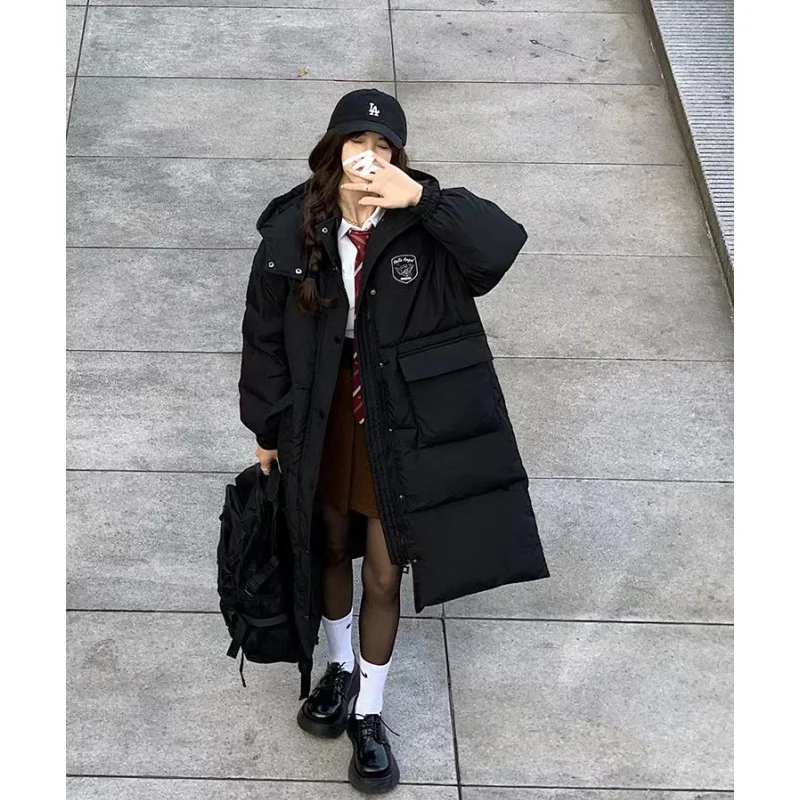 

Black Women Parka Length Jacket Hooded Solid Coat Baggy Winter NEW Thicken Korean Fashion Casual Female Oversized Puffer Outwear