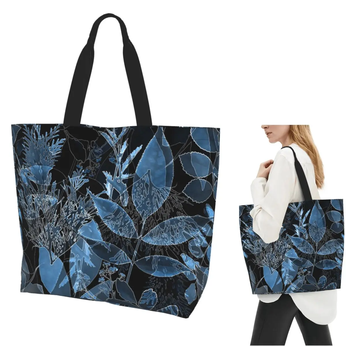 

Blue Leaf Shopping Tote Bag Canvas Large Capacity Shoulder Bags Shopper Grocery Handbag for Women