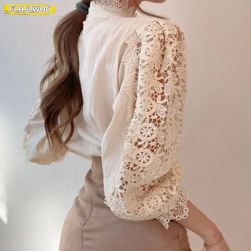 Ruffles Half Turtleneck Cotton Lace Tops Women 2024 Korea Style France Design Long Sleeve Elegant Office Lady Basic Shirt Blouse