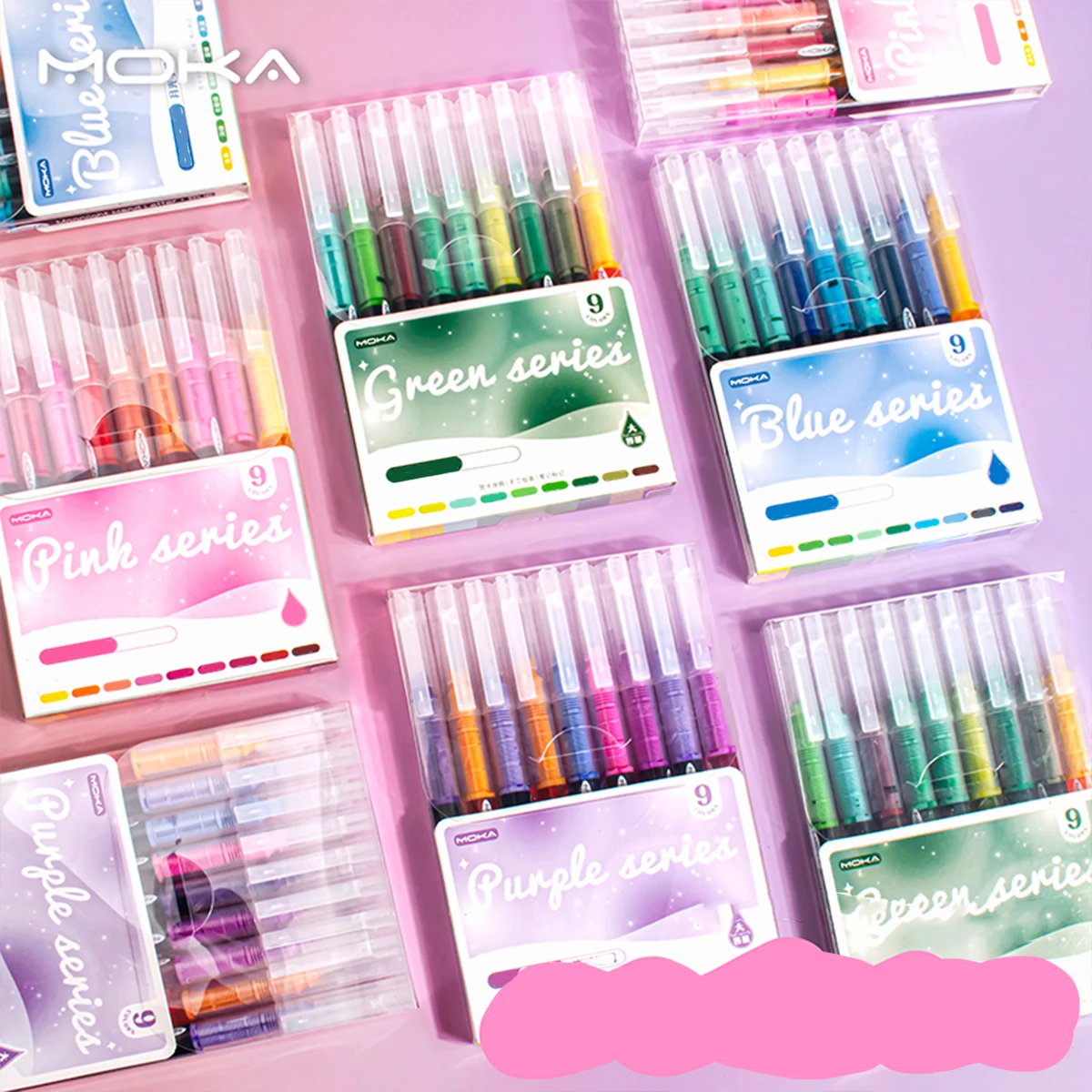 9pcs colorful multi-color straight liquid gel ink pen set, 0.5mm fine tip, visible ink level, plastic material