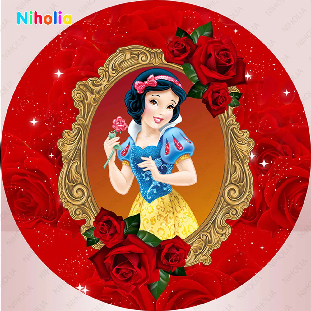 Snow White Birthday Backdrops Round Cover Princess Girl 1st Party Red Apple Background Decoration Wall Supplies Circle Poster