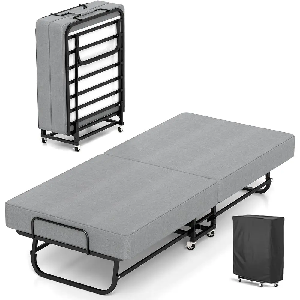 Portable Adult Folding Bed with Memory Foam Mattress and Metal Frame for Space-Saving Storage